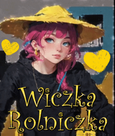 a girl with pink hair is wearing a yellow hat and a black shirt with the words wicka bolnicka on the bottom