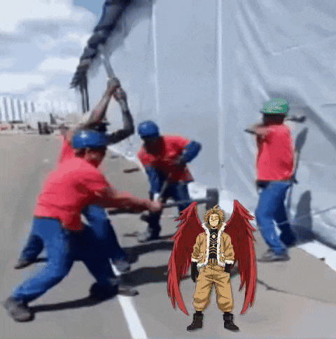 a group of construction workers are standing next to a cartoon character with red wings