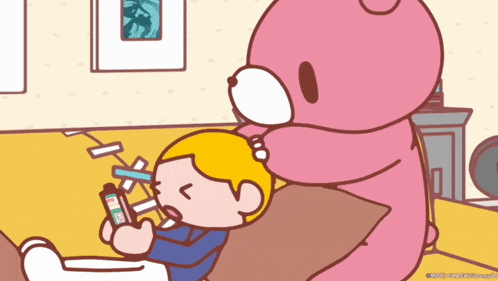 a cartoon drawing of a pink teddy bear holding a child