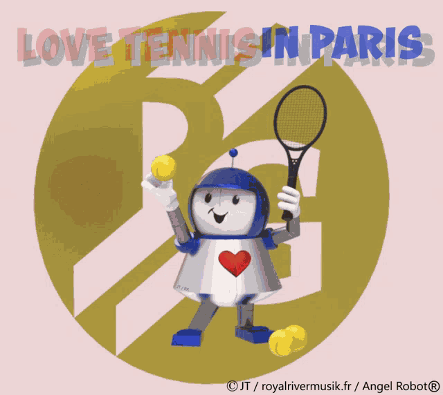 an advertisement for love tennis in paris with a robot holding a tennis racquet and tennis balls