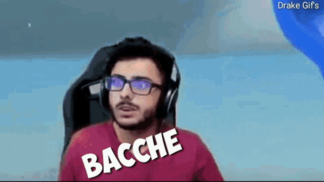 a man wearing glasses and headphones is sitting in a chair with the words bache written on his face .