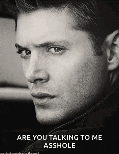 a black and white photo of a man with the words are you talking to me asshole