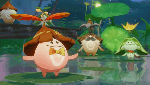 a cartoon character with a bow tie is standing on a leaf