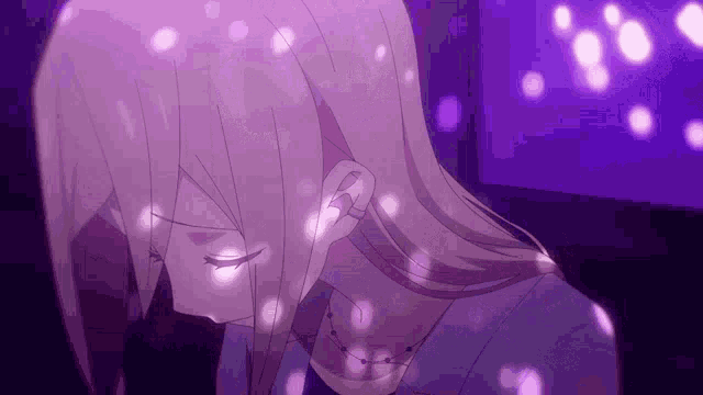 a woman with long blonde hair is standing in front of a purple background with purple lights coming out of her hair .