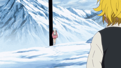 a man and a woman are standing in a snowy field