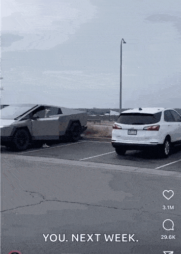 a white suv is parked next to a silver car in a parking lot with the caption you next week