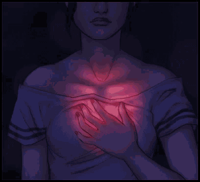 a drawing of a woman holding her heart with her hands