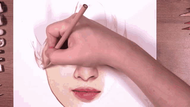 a person drawing a face with a pencil on a piece of paper