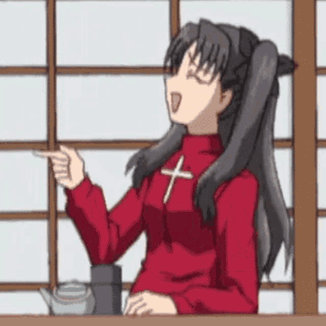 a cartoon of a girl in a red sweater with a cross on it pointing at something .