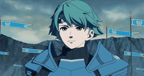 a cartoon character with blue hair and blue armor stands in front of blue flags