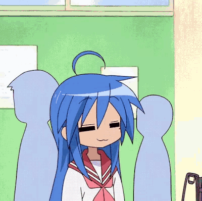 a cartoon of a girl with blue hair and a red bow tie