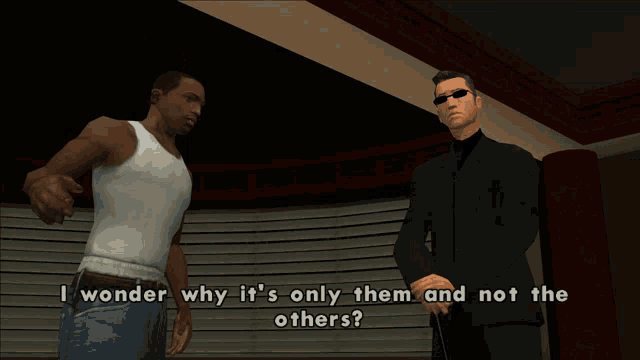 a man in a white tank top talks to a man in a black suit in a video game