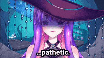 a girl with purple hair is wearing a witch hat and has the words pathetic written below her