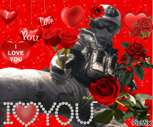 a soldier is holding a bouquet of red roses and hearts saying i love you