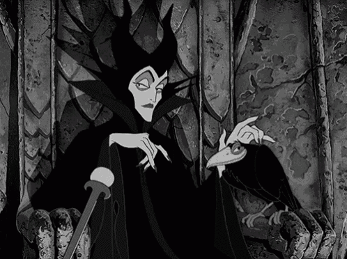 a black and white drawing of maleficent holding a crow