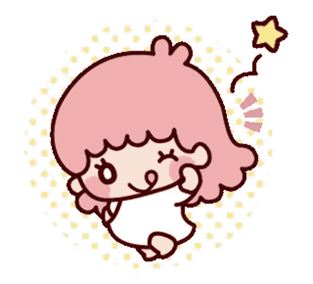 a little twin stars sticker of a girl with pink hair and a star flying in the air .