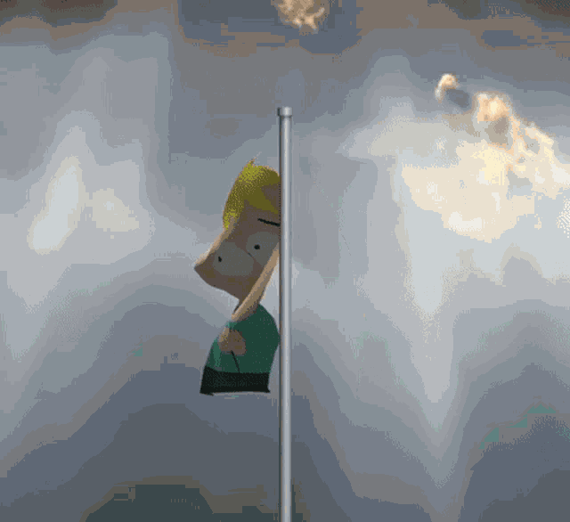 a cartoon character on a pole with a cloudy sky behind him