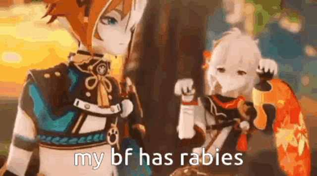 a couple of anime characters are standing next to each other and one of them is saying `` my bf has rabies '' .