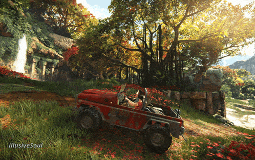 a red jeep is parked in a field with a waterfall in the background and the words illusive soul below it