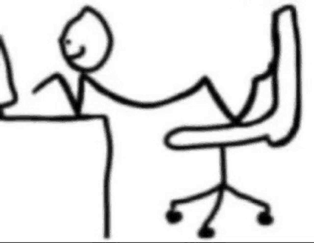 a stick figure is sitting at a desk with a chair and a laptop .