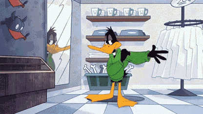 a cartoon of daffy duck standing in a store