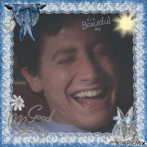 a picture of a man laughing with the words " it 's a beautiful day " at the top