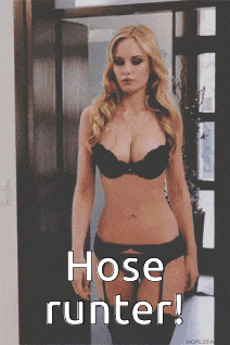 a picture of a woman in black underwear with the caption hose runter