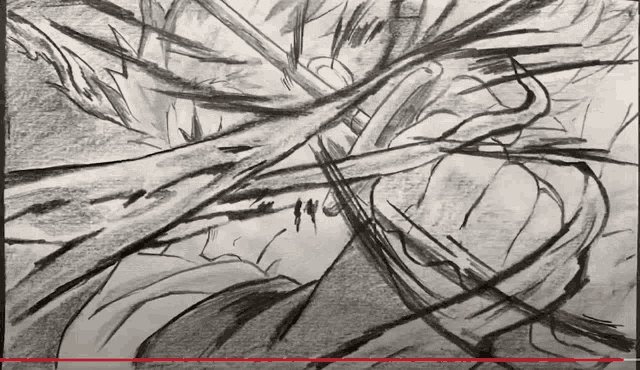 a black and white drawing of a tree with a red stripe on the bottom