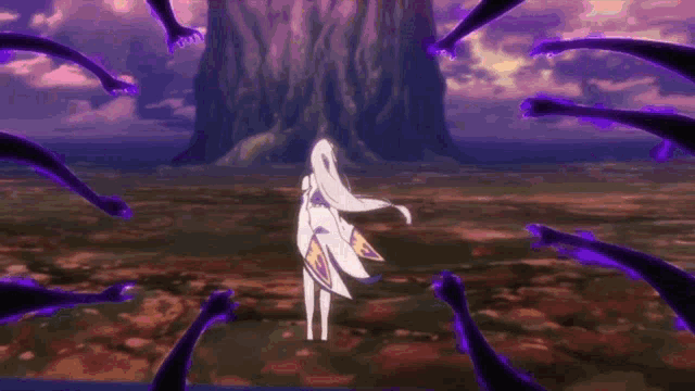 a girl in a white dress is surrounded by purple hands and a tree in the background