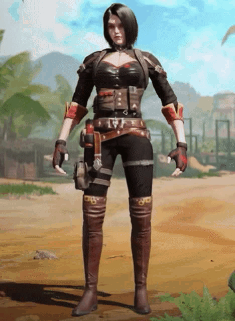 a woman in a video game is holding a gun and wearing gloves