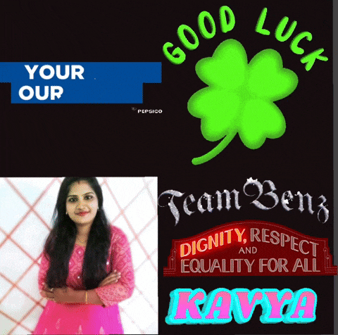 a woman stands in front of a poster that says " good luck "