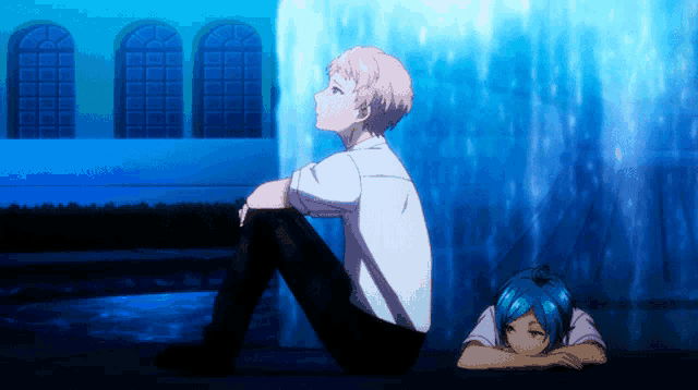 two anime characters sitting next to each other in front of a waterfall