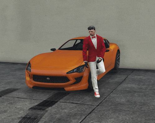 a man in a red jacket and white pants is standing next to an orange sports car
