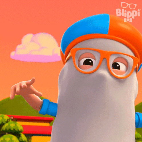a cartoon character named blippi is wearing glasses and a blue and orange hat