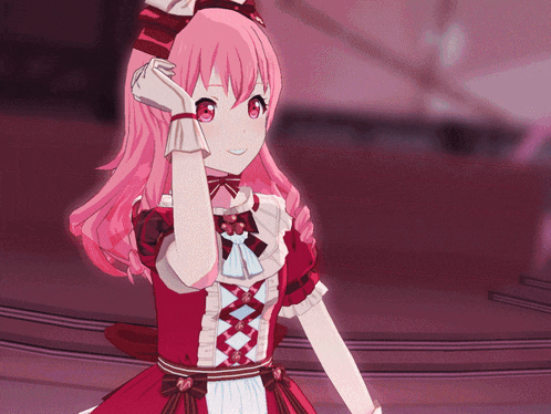 a girl with pink hair and red eyes wearing a red dress