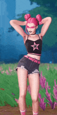 a girl with pink hair and a star on her top is dancing in a field of flowers .