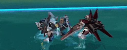 two robotic fighter jets are fighting in the water
