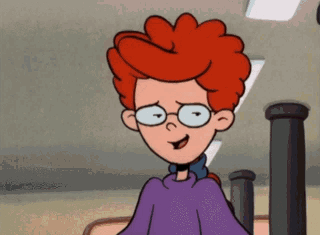 a cartoon character with red hair and glasses is wearing a purple sweater