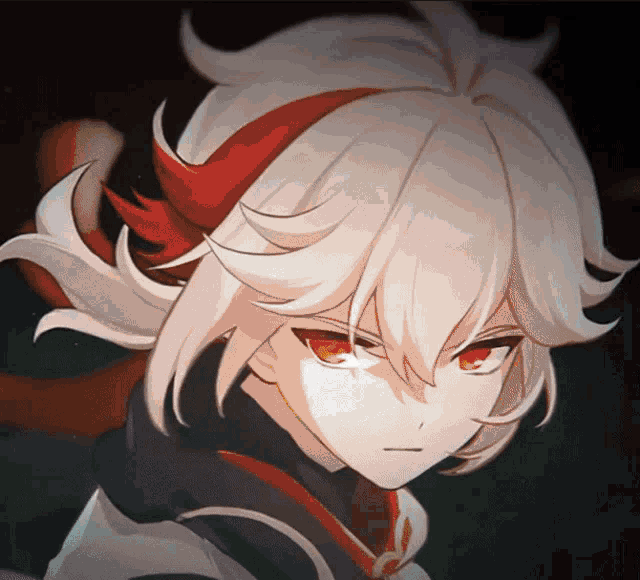a close up of a anime character with red eyes and white hair