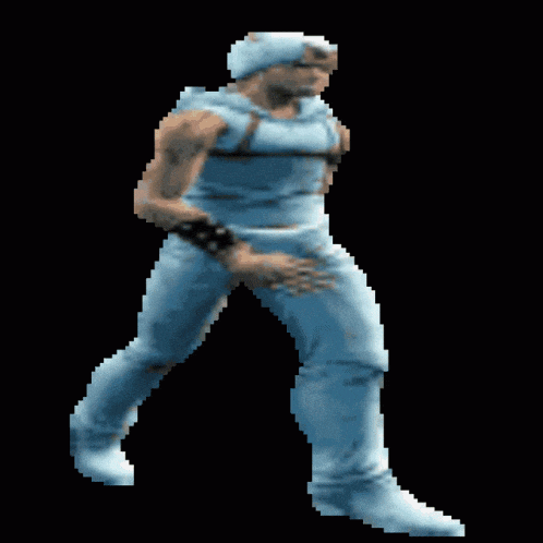 a pixel art drawing of a man in a blue shirt and white pants