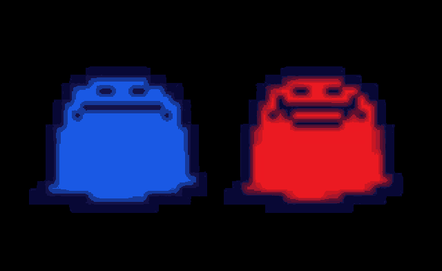 a blue ghost and a red ghost with smiley faces on them