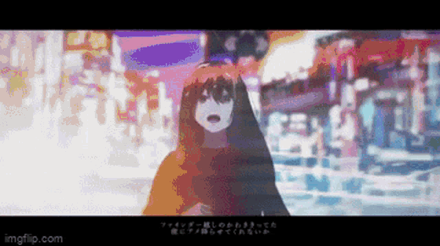 a pixel art of a girl with long red hair standing in a city