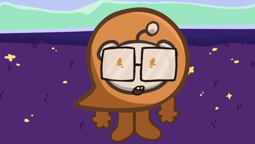 a cartoon character with glasses and a speech bubble on his head