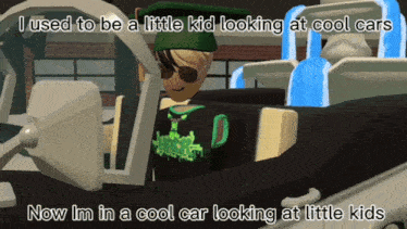 a cartoon of a kid sitting in a car with the caption " i used to be a little kid looking at cool cars