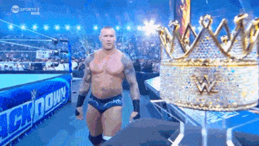 a man in a wrestling ring with a crown behind him
