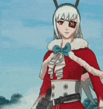 a cartoon girl is wearing a red dress and a rabbit costume .
