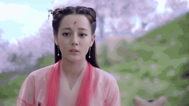 a woman in a pink dress with a red flower on her forehead