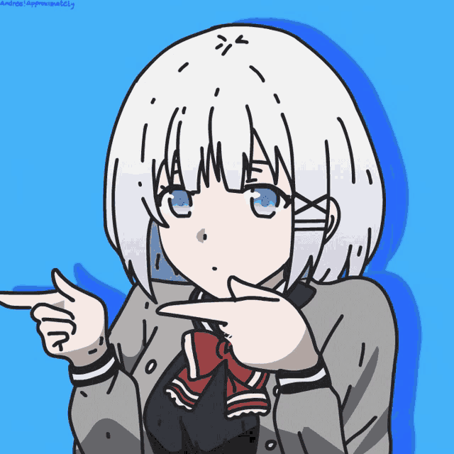 a drawing of a girl with white hair pointing her finger at the camera
