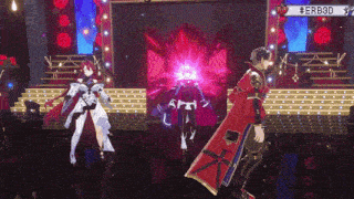 a man and a woman are on a stage with a sign that says #erb3d on it