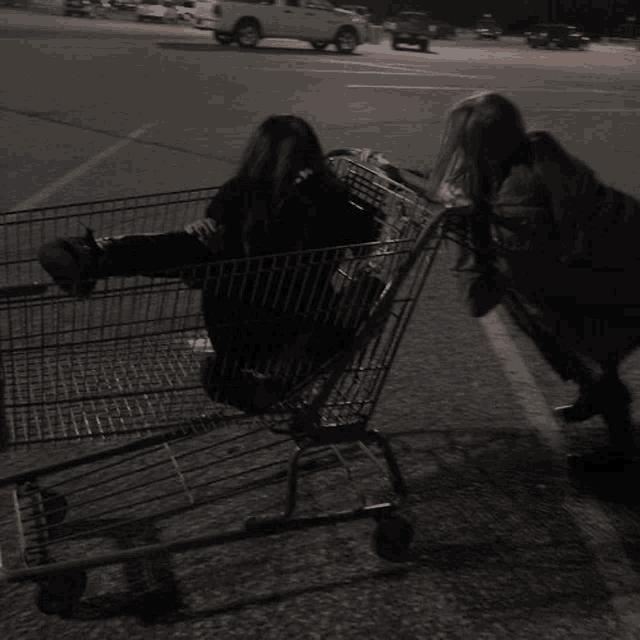 two girls are pushing a shopping cart in a parking lot .